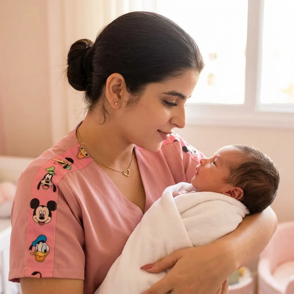 Bruna ninando e cuidando de um bebê com extremo carinho