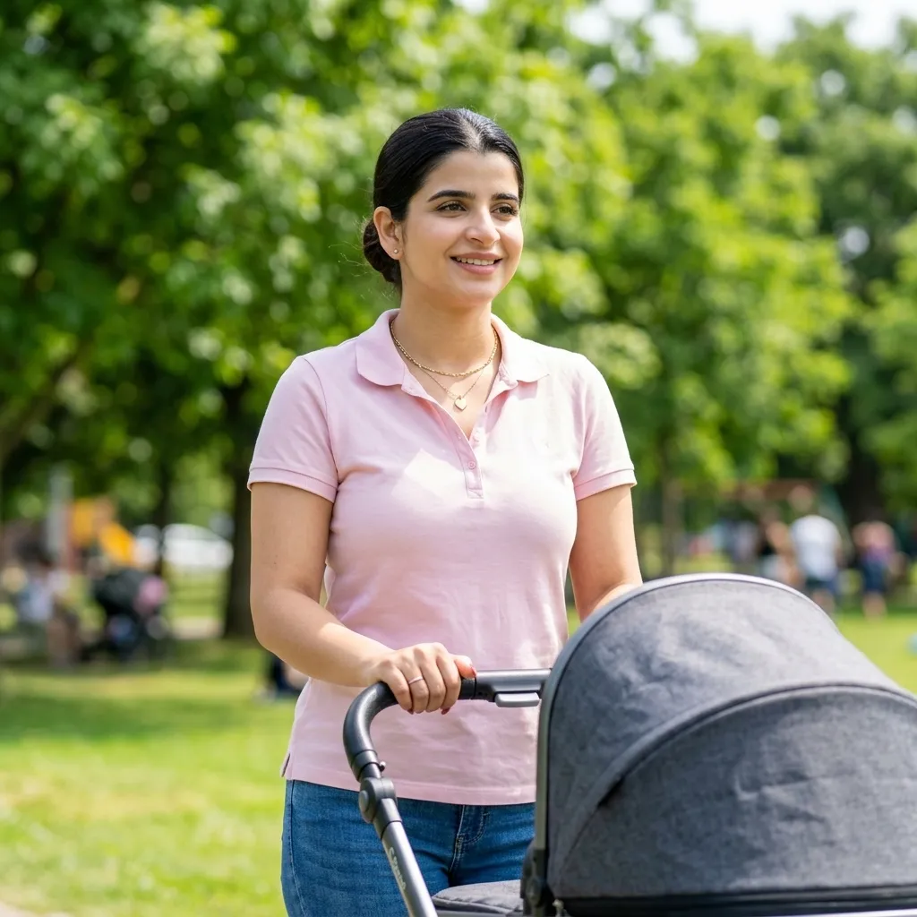 Bruna passeando com carrinho no parque